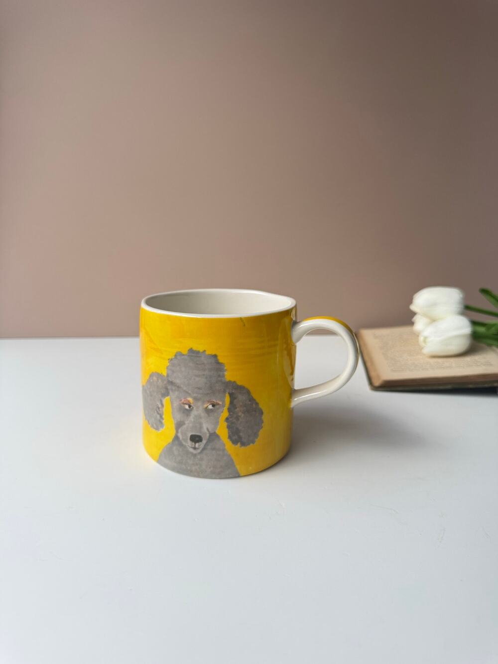 Anthropologie Carole Akins Mimi Grey Poodle Dog Mug Yellow Coffee Mug Dog Lover
